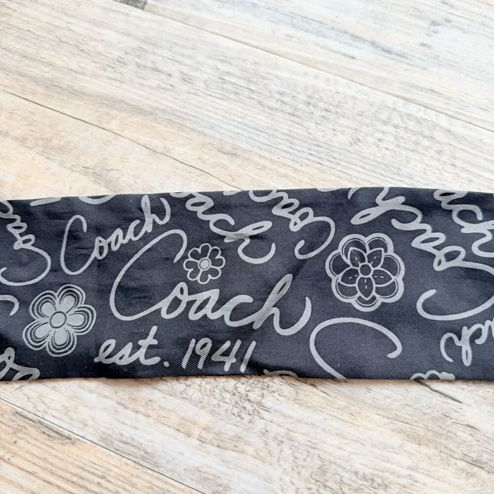 Coach Y2K 100% Silk Skinny Scarf Twilly Gray Black Logo Floral Hair Bag Ribbon